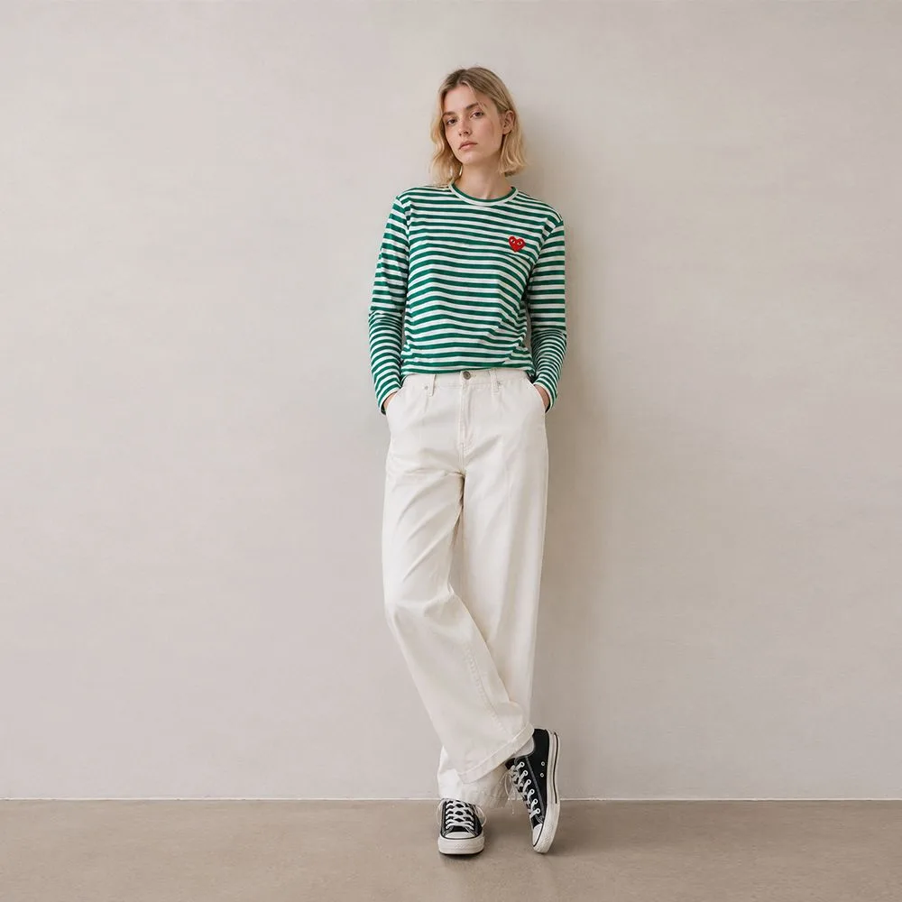 COMME des GARÇONS 꼼데가르송 레드 하트 스트라이프 롱 슬리브 긴팔티 정면 컷